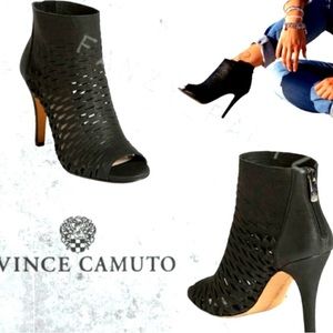 Vince Camuto leather, lazer cut heeled ankle booties